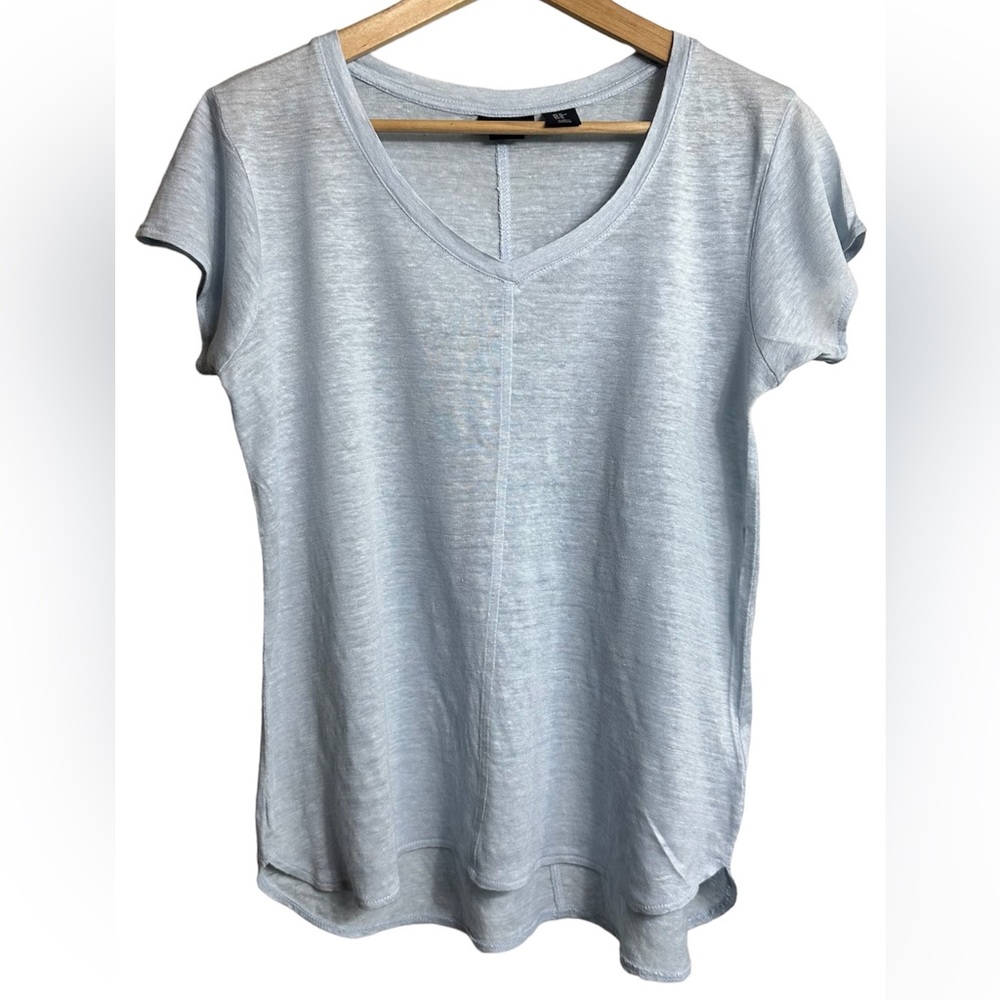 TAHARI 100% Linen V-Neck T-Shirt Powder Blue Short Sleeves Size Large
